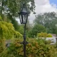 a street light in the middle of a lush green park